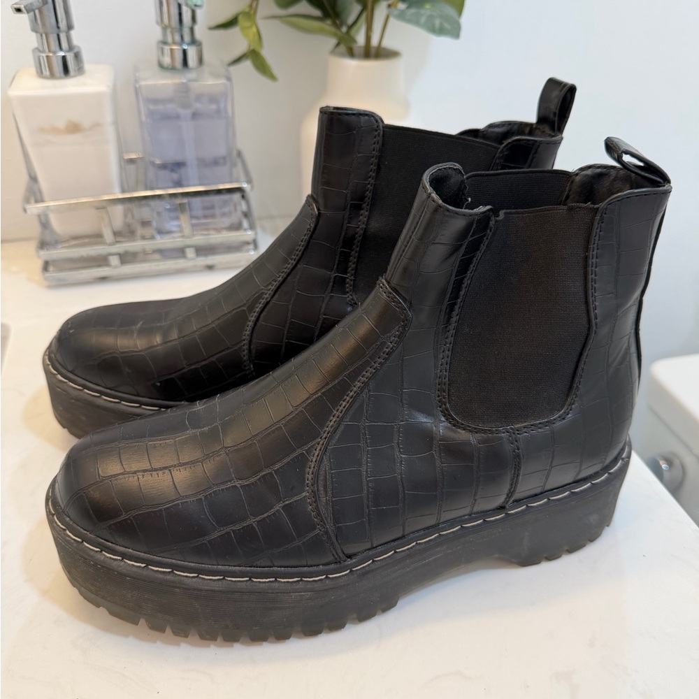 Black Croc-Embossed Chelsea Boots